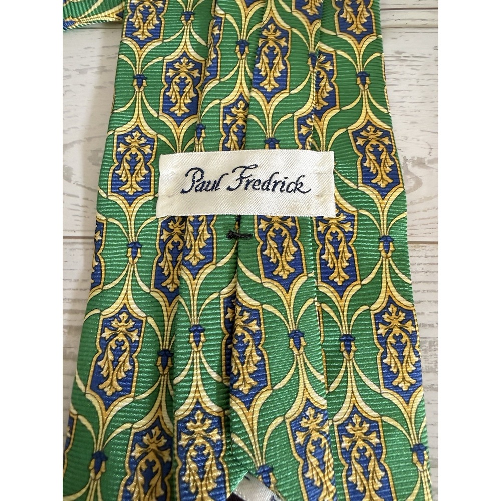 Paul Fredrick Silk Tie 4" Wide Green Blue Gold Ornate Medallion Classic Executiv - Picture 9 of 16